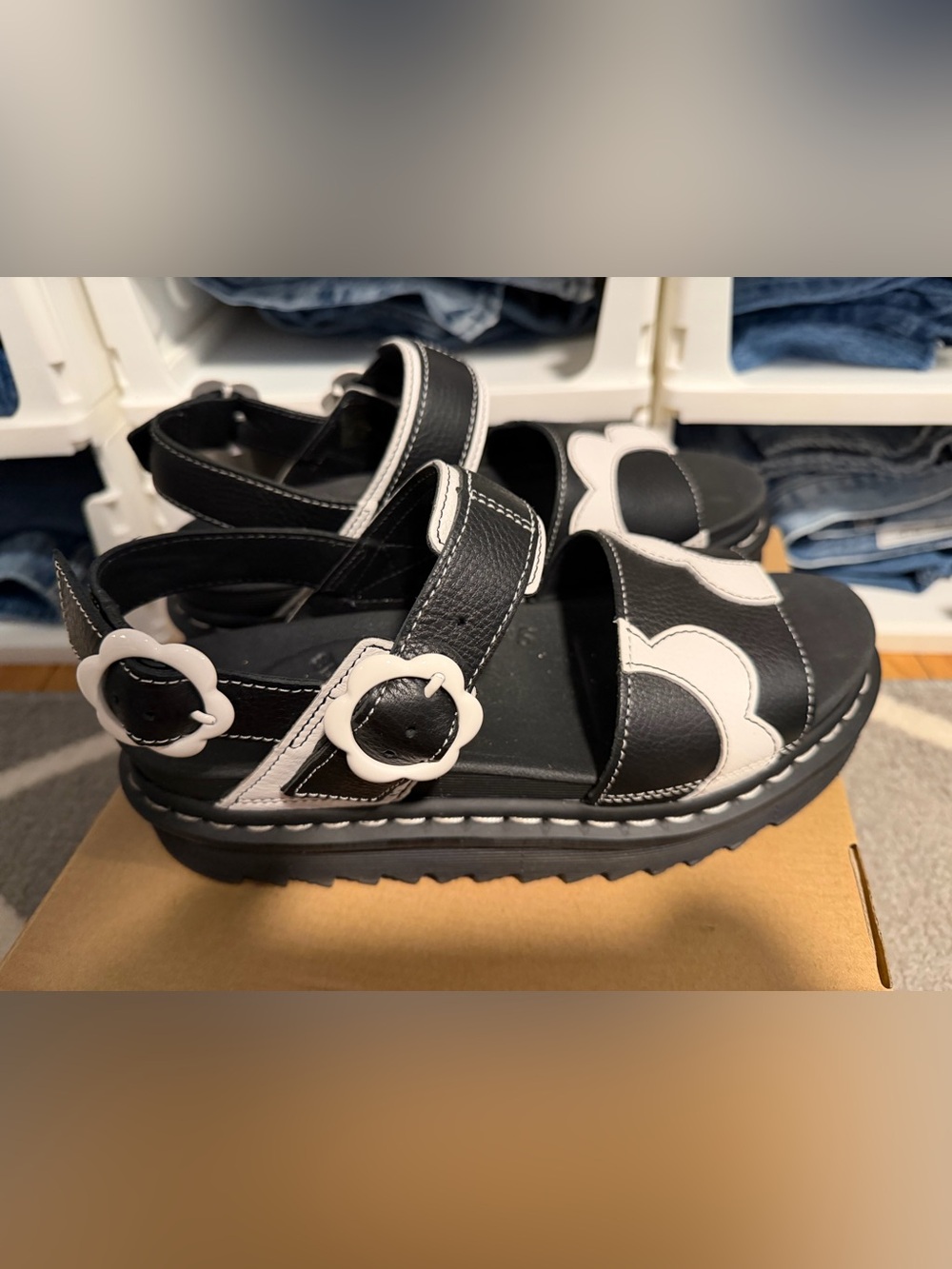 Dr. Martens Black and White Floral Buckle Platform Sandals